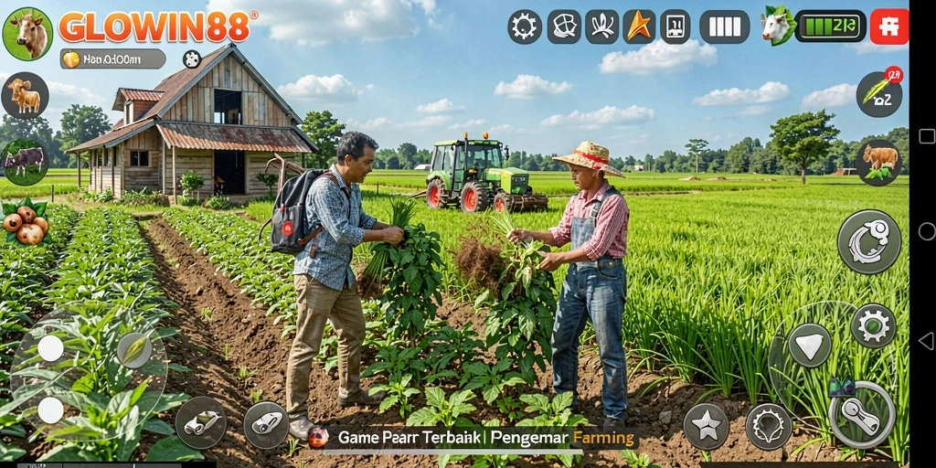 Screenshot gameplay GLOWIN88 menampilkan aktivitas bertani yang seru.