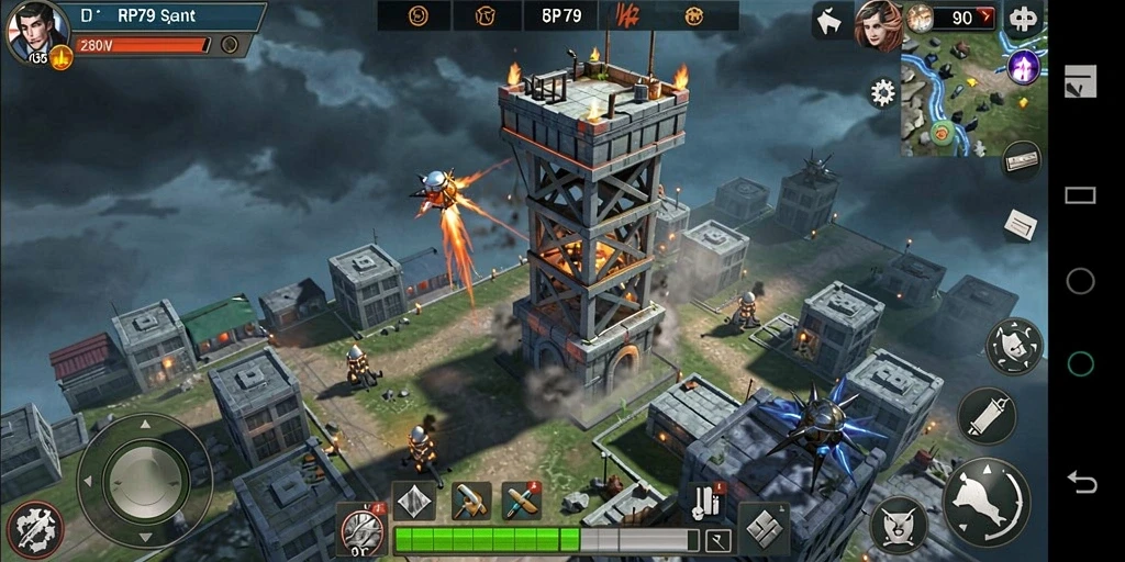 Tampilan gameplay seru dalam RP79 dengan menara dan musuh yang dinamis.